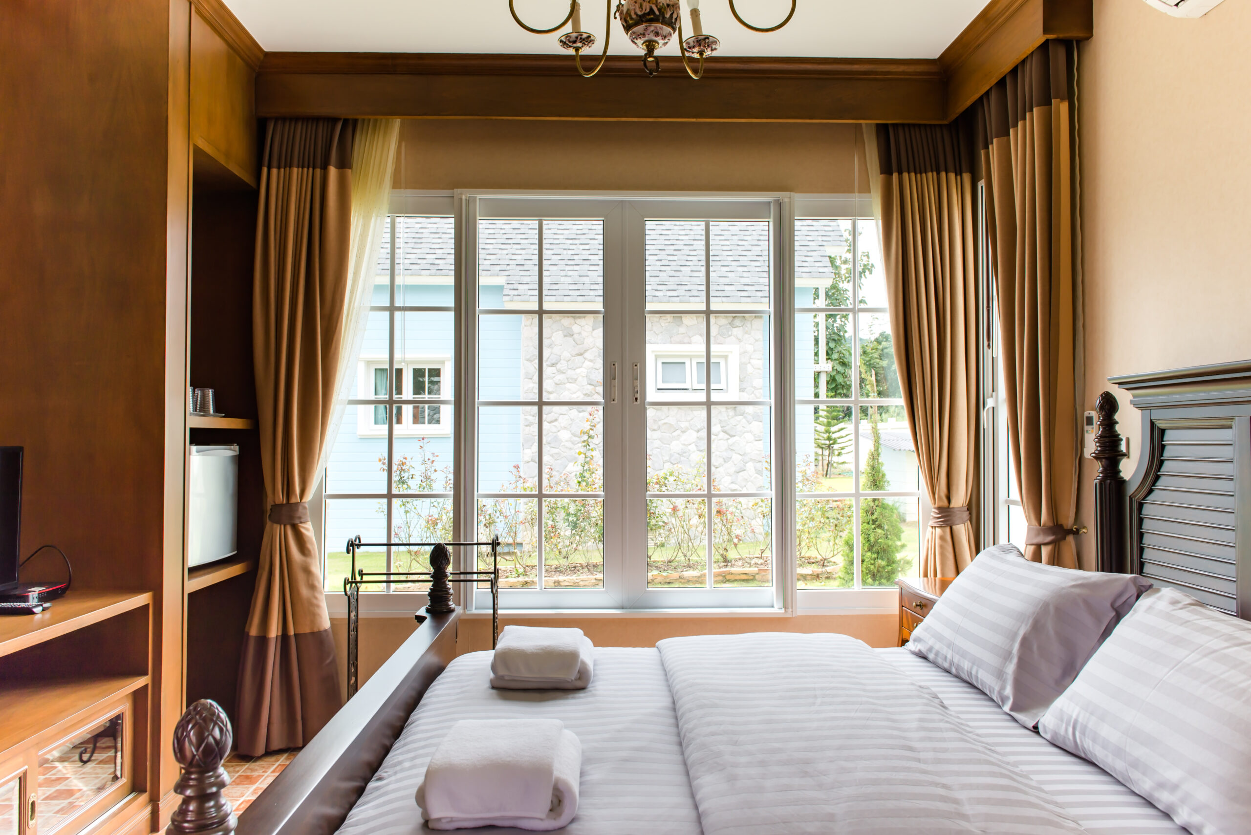 Beautiful and modern bedroom in the morning on a sunny day,tuscany style,classic room style,khaoyai,nakhonratchasima,thailand