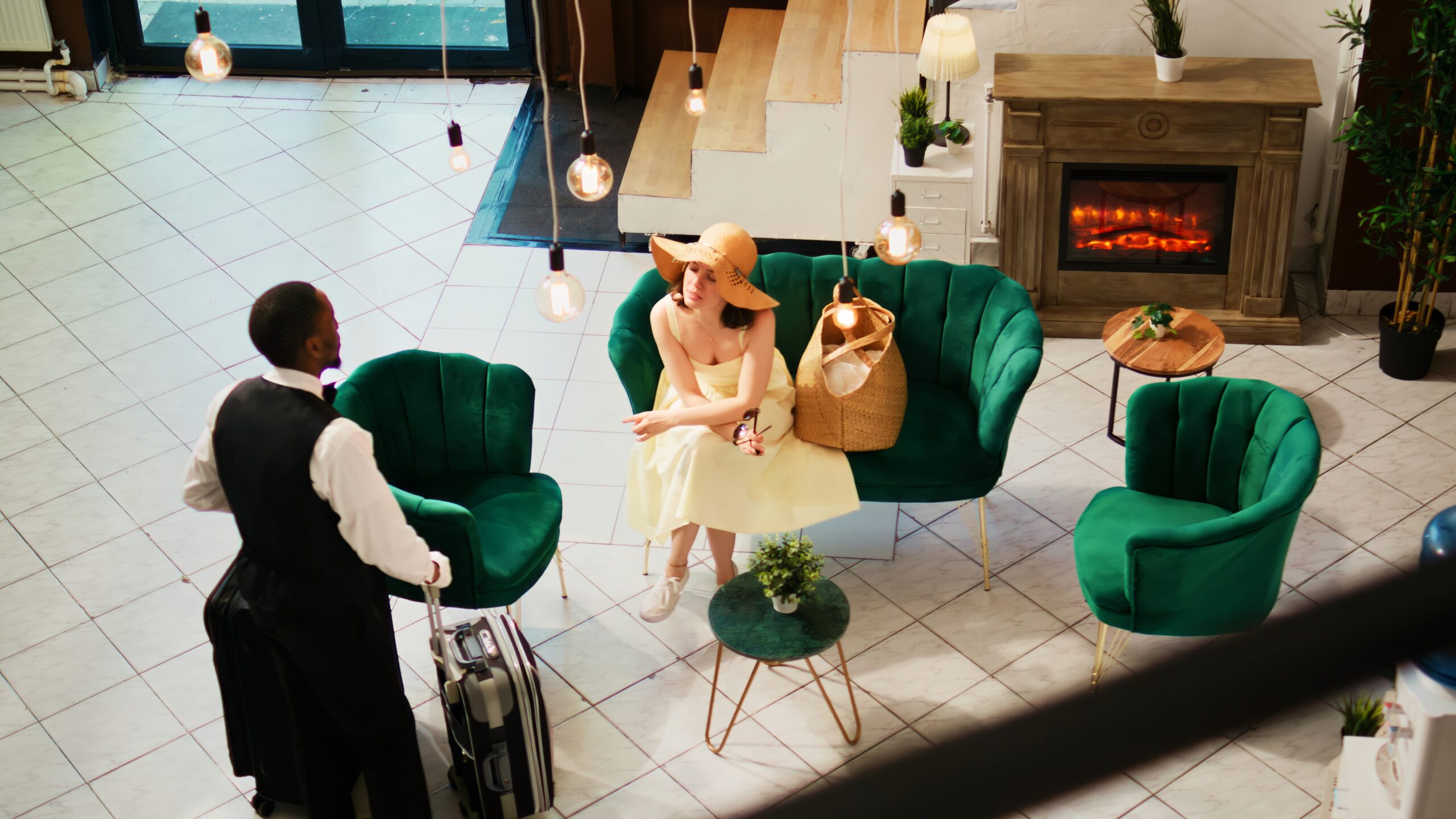 Bellhop offering services to woman in lounge area, waiting to do room check in at seaside hotel. Tourist sitting on couch and talking to hotel concierge, summer clothes. Handheld shot.