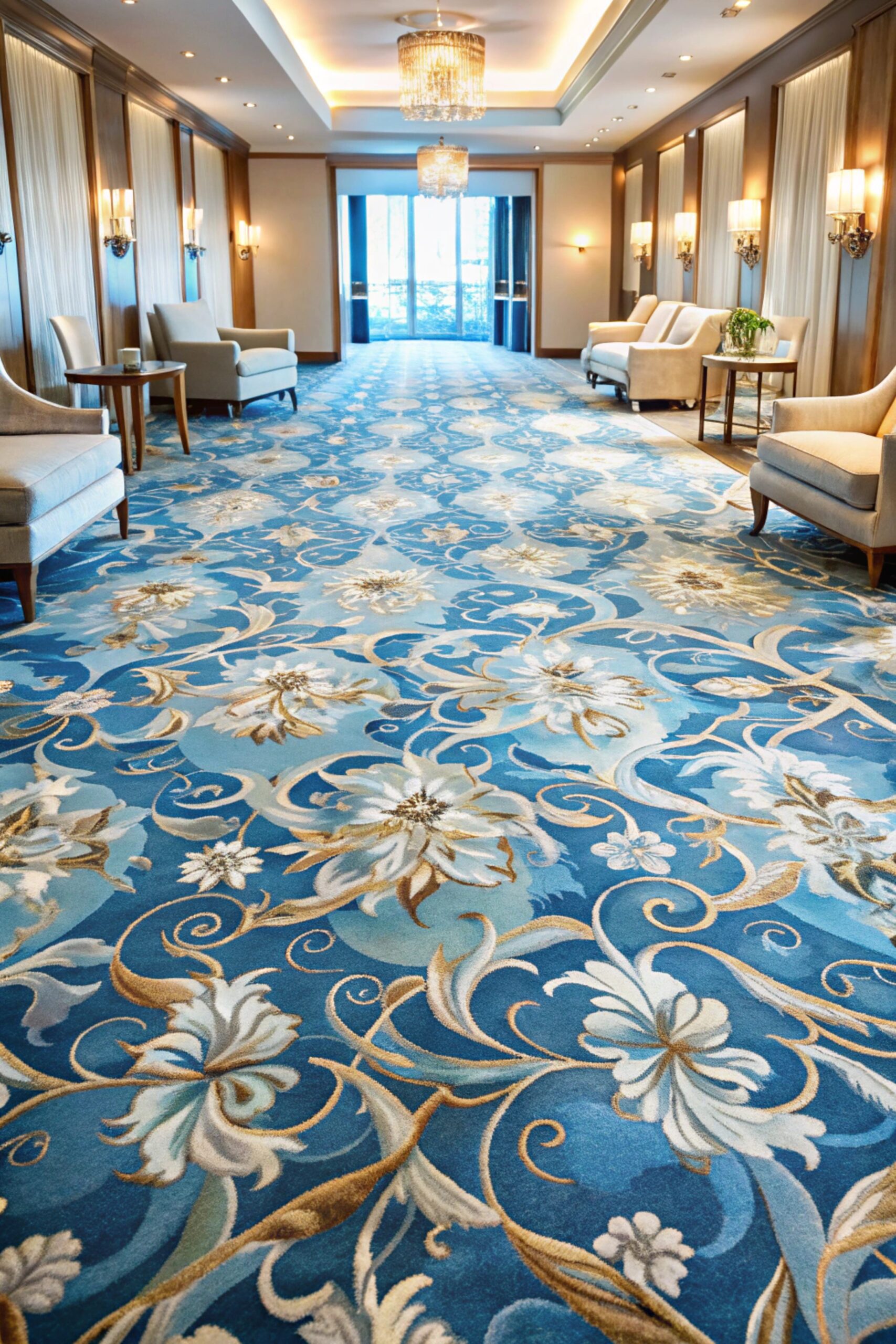 Custom random pattern carpet flooring. Carpet flooring is commonly found in luxurious hotel floor finishes. Shades of blue, light blue, and beige white color