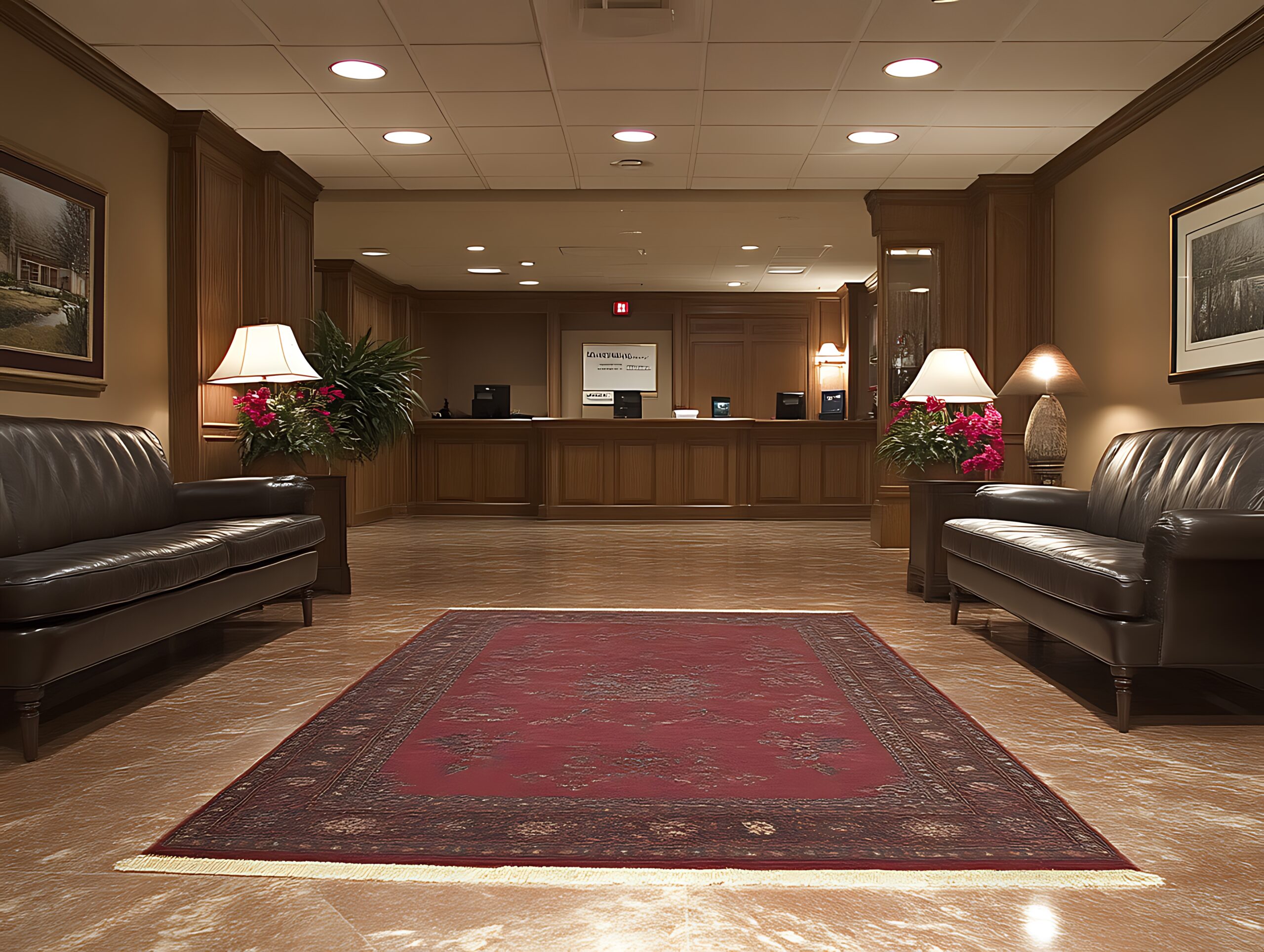 A maroon oriental rug is the centerpiece of a sophisticated lobby.  Two dark leather sofas flank the rug, positioned against a backdrop of rich dark wood paneling and a reception desk. The overall mood is calm and upscale.