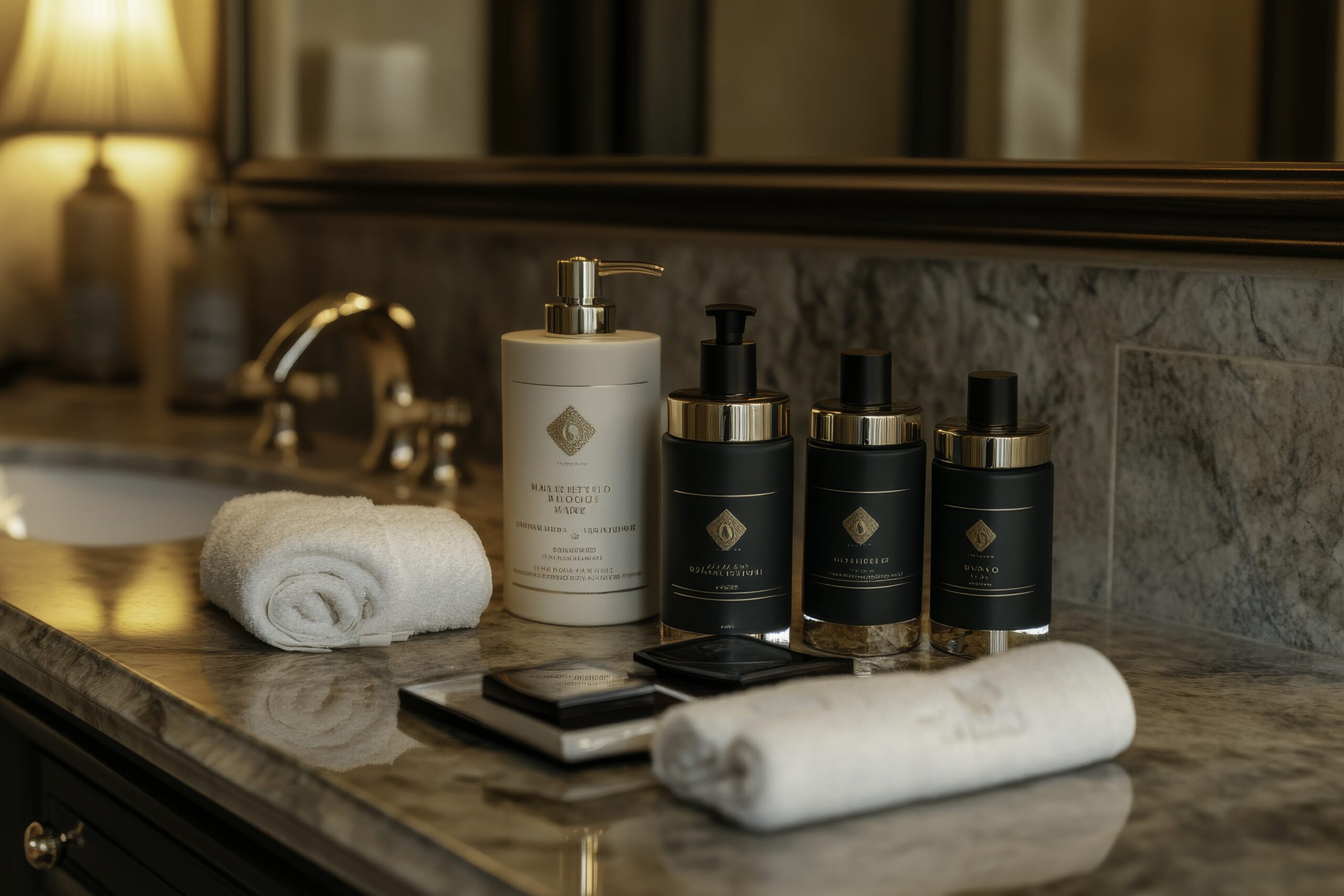 Luxurious Bathroom Counter with Elegant Toiletries and Towels
