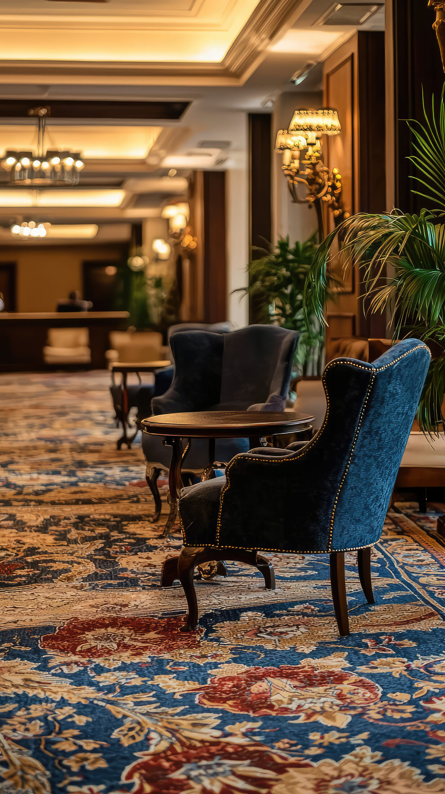 Luxurious hotel lobby with patterned carpets and elegant seating.