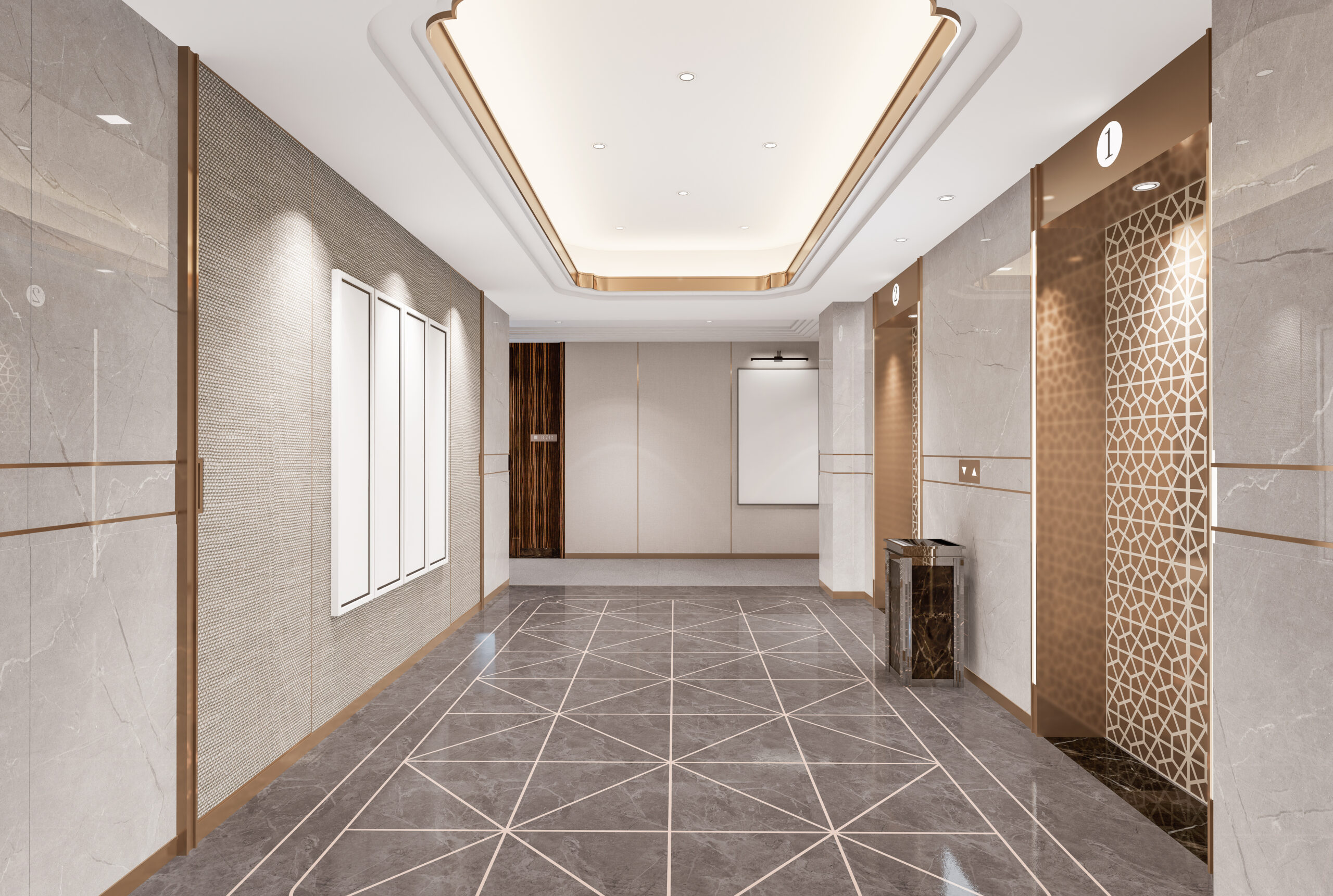 Luxurious Modern Elevator Lobby with Geometric Patterns and Marble Finishes.3D illustration
