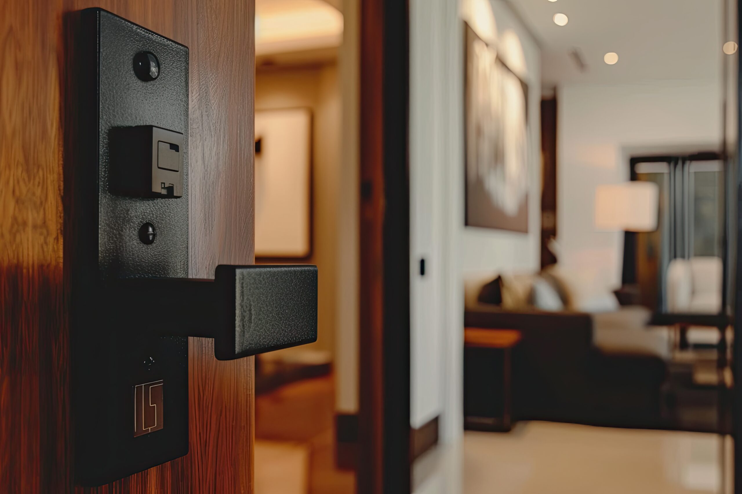 A photo of an elegant black modern door lock with two sleek square vertical locks on the handle, set against a wooden entry door in a contemporary home interior. The focus is sharp and clear, highlighting details like polished metal textures and smooth surfaces. In soft natural light, the room's decor includes minimalist furniture and minimalistic art pieces in the style of minimalism, creating a clean lines vibe --ar 3:2 Job ID: 3fab74fc-3121-4ec5-90f3-454cbfb74080