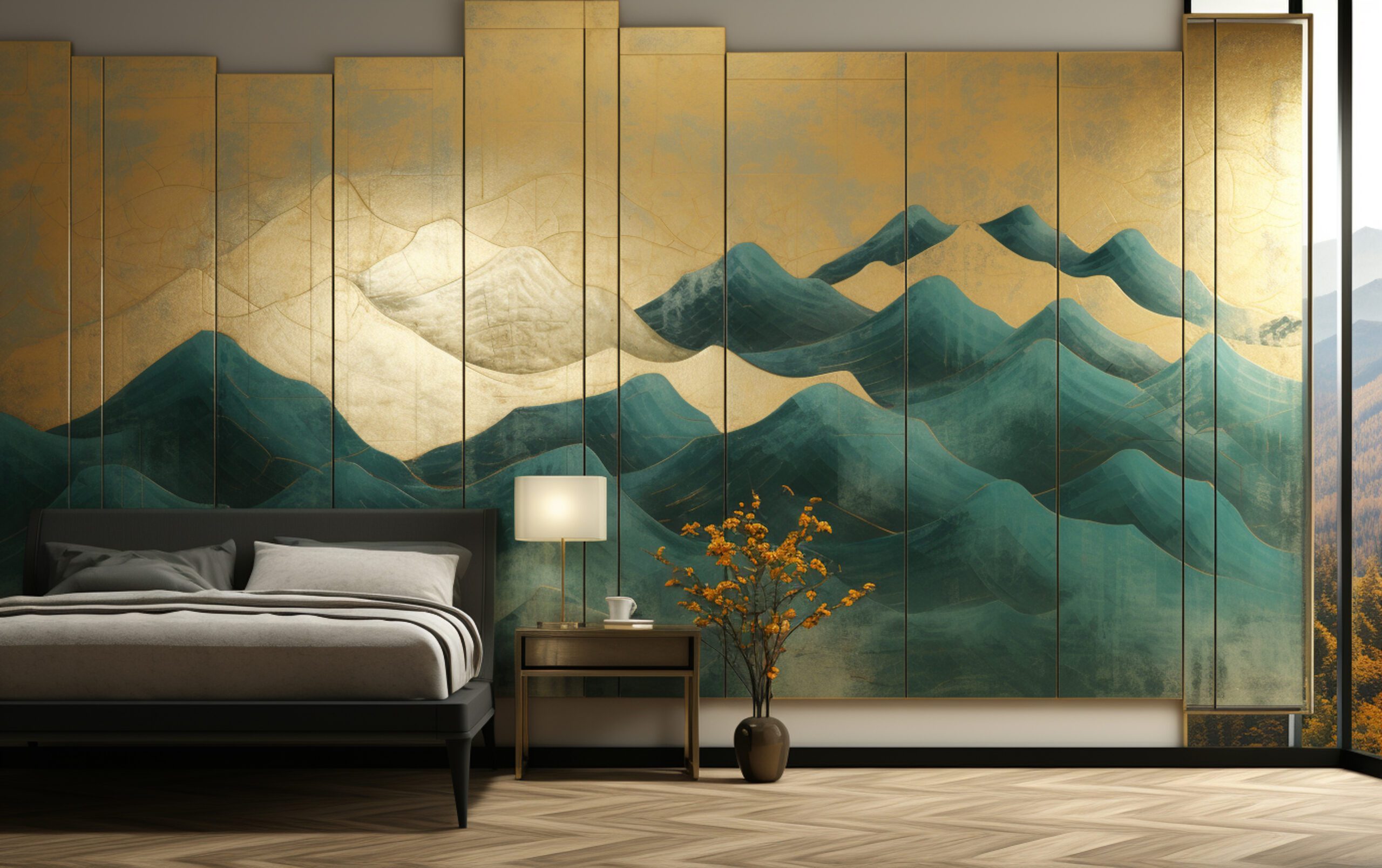 there is a large painting on the wall of a bedroom. generative ai.