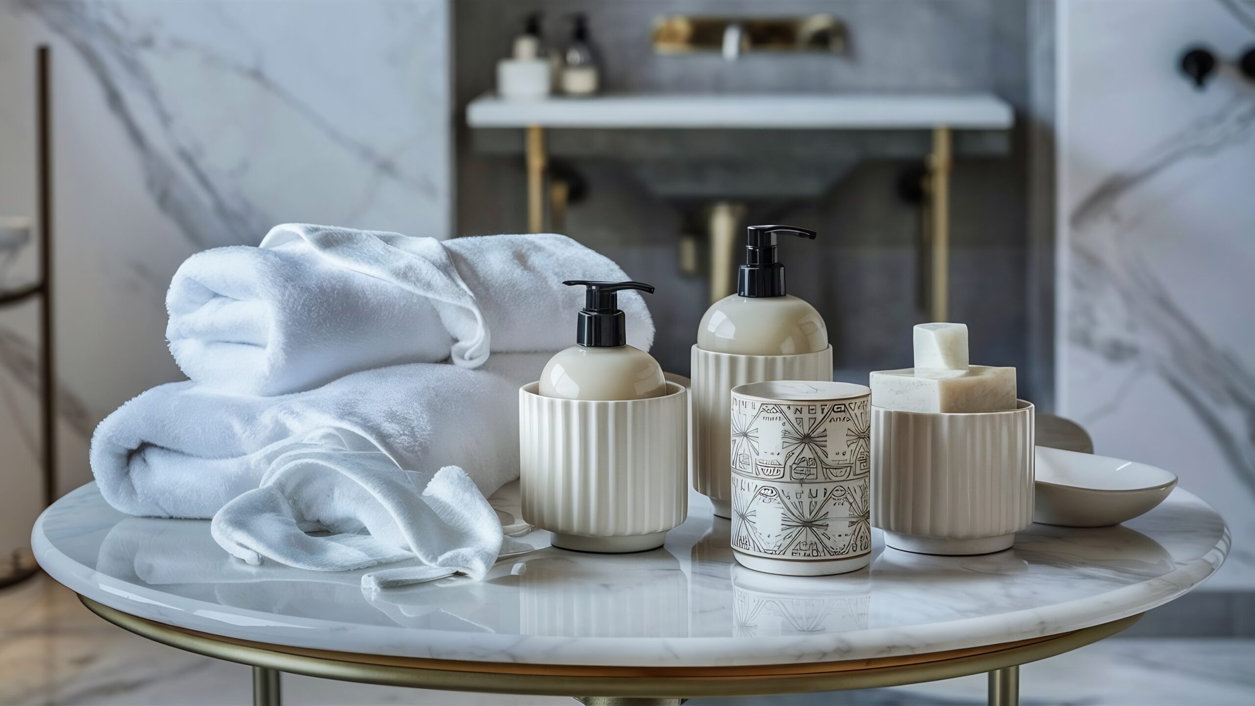 towels-ceramics-shampoo-soap-top-marble-table-bathroom-background